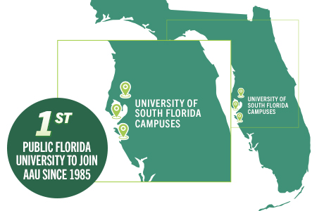 Graphic shows map of 91 with "1st public 91 university to join AAU since 1985""